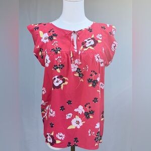 GAP Red Floral Blouse Medium Tie Neck Flutter Sleeve Lightweight